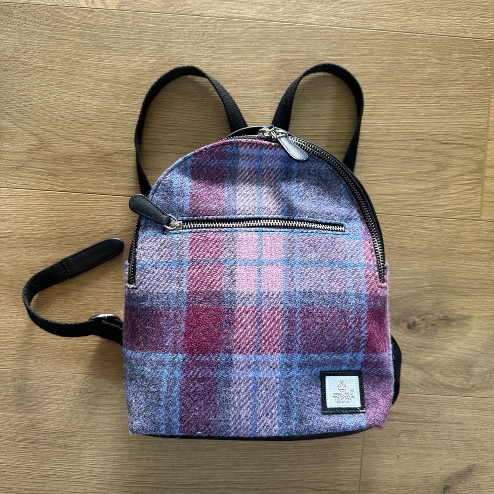 Harris Tweed & PU Leather Ladies Backpack Pastel Pink Blue Purple Tartan Check